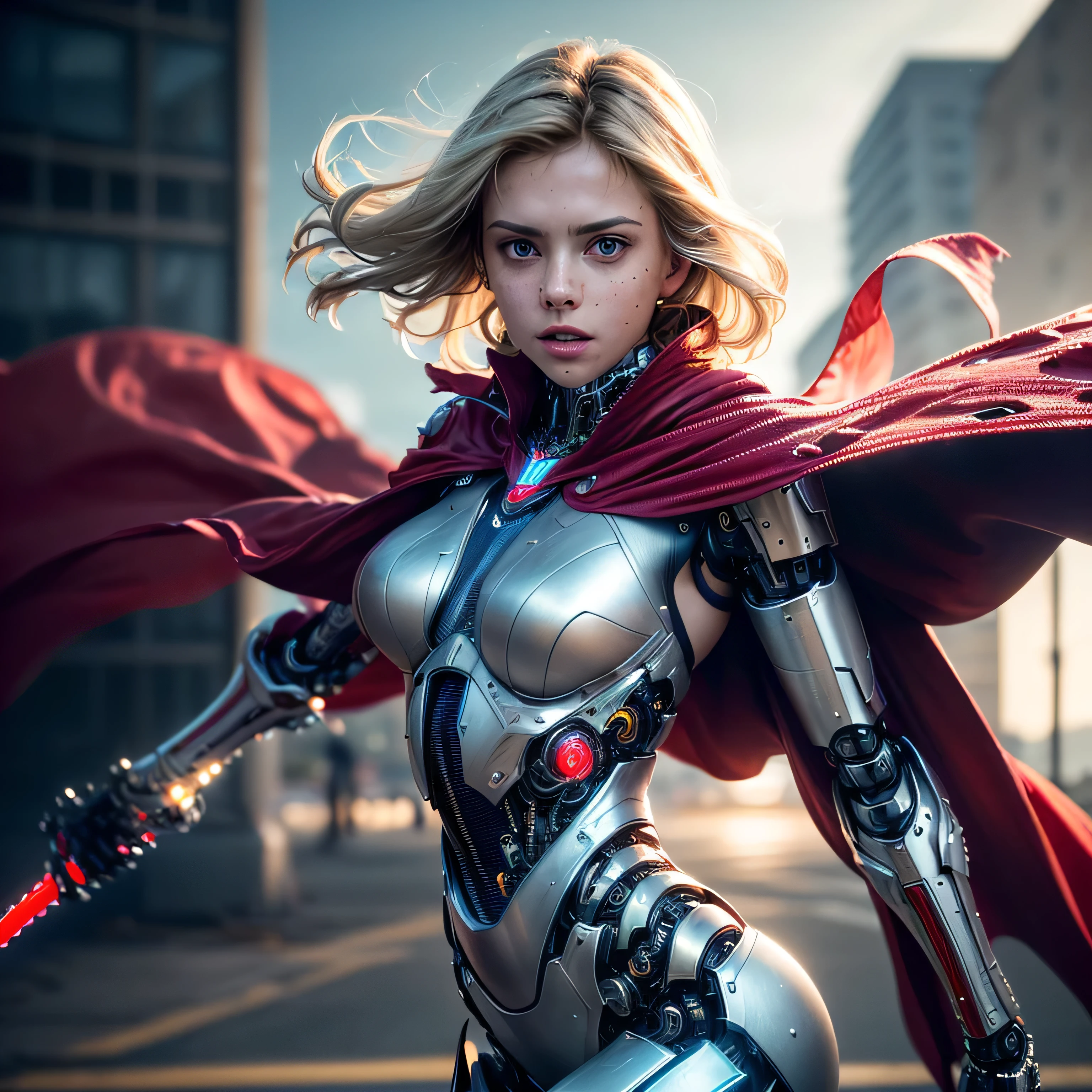 (masterpiece, photorealistic:1.4, extremely intricate:1.3), (photon mapping, radiosity, physically based rendering, ultra resolution, hyper-realistic, hyper-realistic, 8K, (dtx)),  supermodel , ((lacquered white perfectchainmail armor:0.8, ((mechanical limbs, cybernetic arms, futuristic cyborg, ((weapon))), tattered red cape), lightsaber, intense, [skin detail:freckles:0.8])), metal reflections, blank background, empty room, dark room, black background, no scenery, professional photograph, (straight blonde hair, wind, windy, running dynamic movement pose, arm raised), sharp focus, dramatic, award winning, (film grain, bokeh, interaction)
