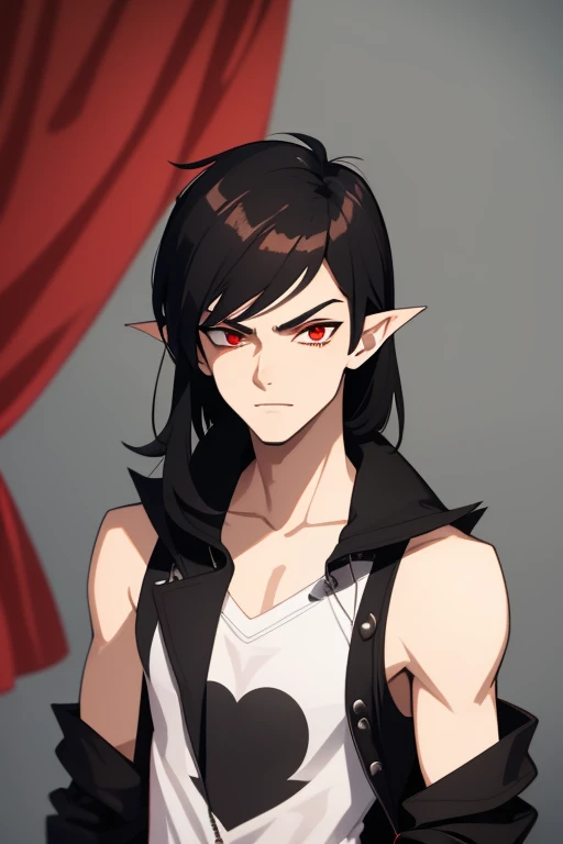 Marshall Lee Handsome 18 year old vampire boy with black hair, light brown skin, pointy ears, red eyes, gray tank top, open black jacket, black belt, blue jeans, looking directly at viewer with a white background.