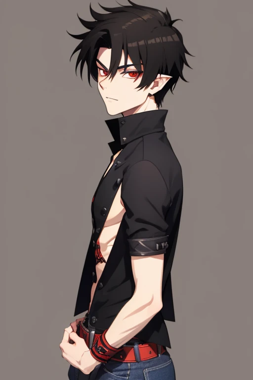 Marshall Lee Handsome 18 year old vampire boy with black hair, light brown skin, pointy ears, red eyes, gray tank top, open black jacket, black belt, blue jeans, looking directly at viewer with a white background.