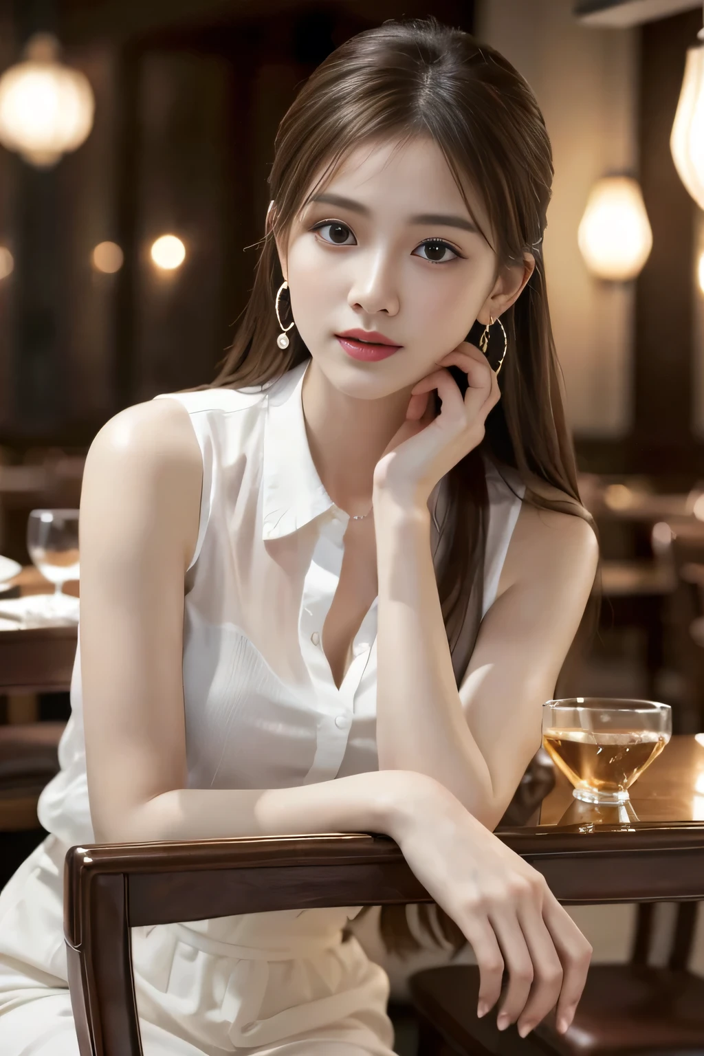 masterpiece, Highest quality, Realistic, Very detailed, Finer details, High resolution, 8k wallpaper, One beautiful woman, Wear an elegant white see-through shirt, In a great restaurant, At night, Light brown messy hair, Perfect dynamic composition, Beautiful and beautiful eyes、Big earrings、Sit on a chair、Sleeveless shirt、