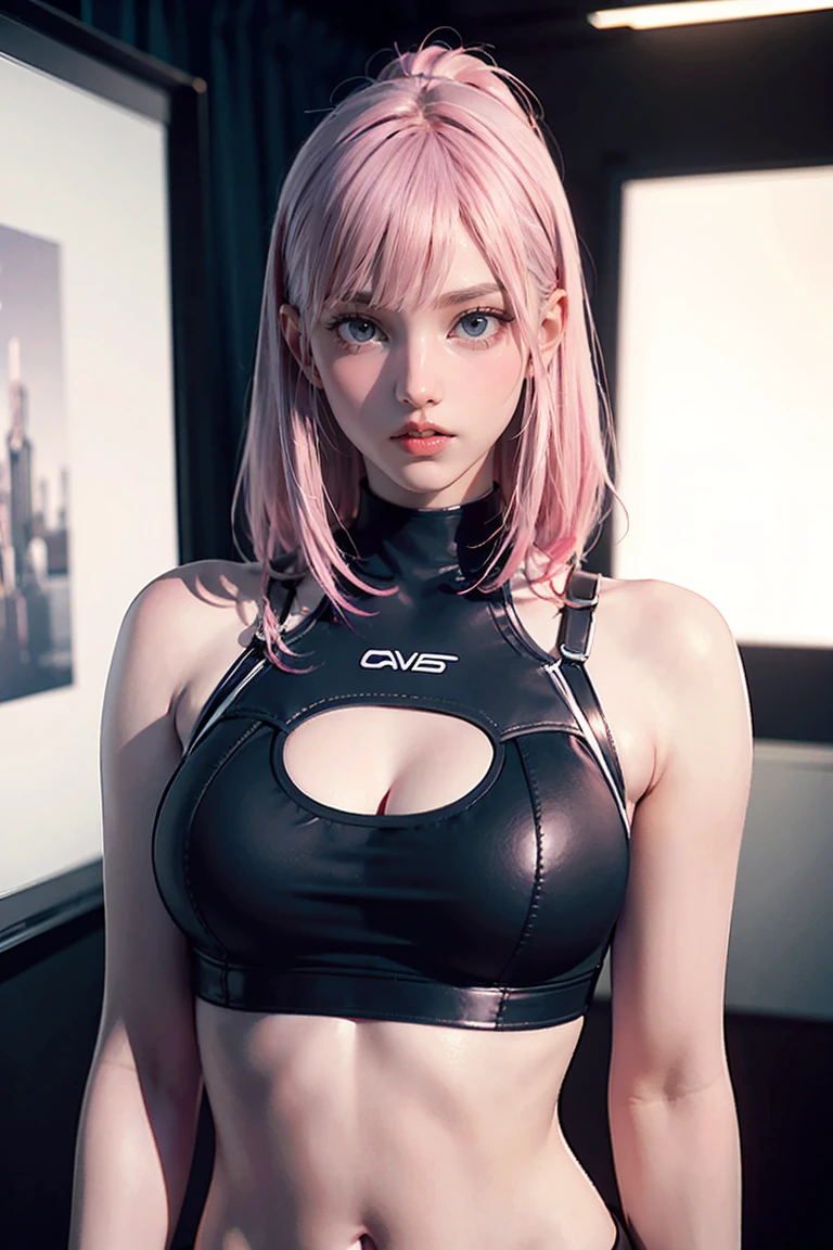 Highest quality, Ultra-high resolution, Realistic, Cyberpunk sexy pink hair girl、Take photos in a studio environment with a gray background, View your audience, Upper Body, thin, Visible Cracks, Crop top,Big Breasts,(The clothes are see-through)