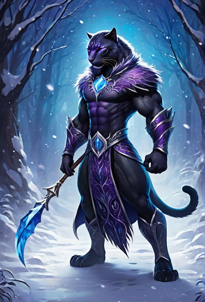 A striking dark fantasy illustration of a muscular and majestic anthropomorphic Panther with almond-shaped glowing purple eyes and no hair. Standing at 2.5 meters, he exudes an aura of winter. His powerful, muscular build is accentuated by his defined abs and the elegant pose he holds. His fur is pristine white with bold black stripes.

Gabriel is dressed in an ultra-elegant winter-themed gala suit, predominantly black with icy blue details. The suit is adorned with intricate ice crystal patterns, and the jacket has a high collar with fur trim, decorated with delicate embroidery that resembles falling snowflakes and icy branches. His pants match the jacket in color and design, fitting perfectly to his muscular form. He wears high black Eskimo boots with tufts of fur at the foot openings, complementing the winter motif. The outfit is reminiscent of Dracula's elegance, but with a winter theme.

He is captured in an elegant pose, holding an ice staff with a glowing purple gem at the top, with his fingers resting delicately on the staff. His body appears as if it is partially frozen, enhancing the winter theme. His facial expression is intensely melancholic and serious, highlighting his human-like eyes and perfectly proportioned features.

The illustration is full-body, showcasing his entire form and the detailed elegance of his attire. He is surrounded by an ethereal aura of frost and snow, with ice crystals forming delicate patterns on his fur. Snowflakes drift gently around him, enhancing his ethereal presence. The background is filled with elements of darkness and ice, accentuating the character's ethereal and wintery presence.

Anatomically perfect, dark fantasy, 3d render, illustration