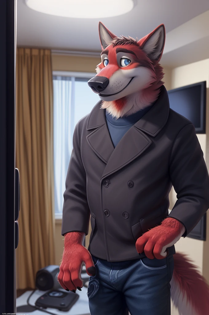 Ivan Fedorovich Wolfbach (Novosibirsk) ,tall handsome, wolf,young, 24 years, brown fur,Kind,(red body:1.3),beautiful blue eyes,Novosibirsk,dressed, house,mother, jeans,socks,canine, wolf, detailed fur, male, second, paw pads, finger claws,At the viewer, 5 fingers, paws, 5 fingers, smile, wrist watch, т nextel,by xenoforge, (difficult, high detail, digital photography, soft focus, RAW variety houseа, apartment,TV,wall,TV,Very close to the camera, variety,Novosibirsk, smile, good mood, positive, Very close to the camera,
Photorealism, realistic, photorealistic, digital style, Subsurface scattering,I look at the viewer,
masterpiece, Best quality, ultra realistic, 8 thousand.)