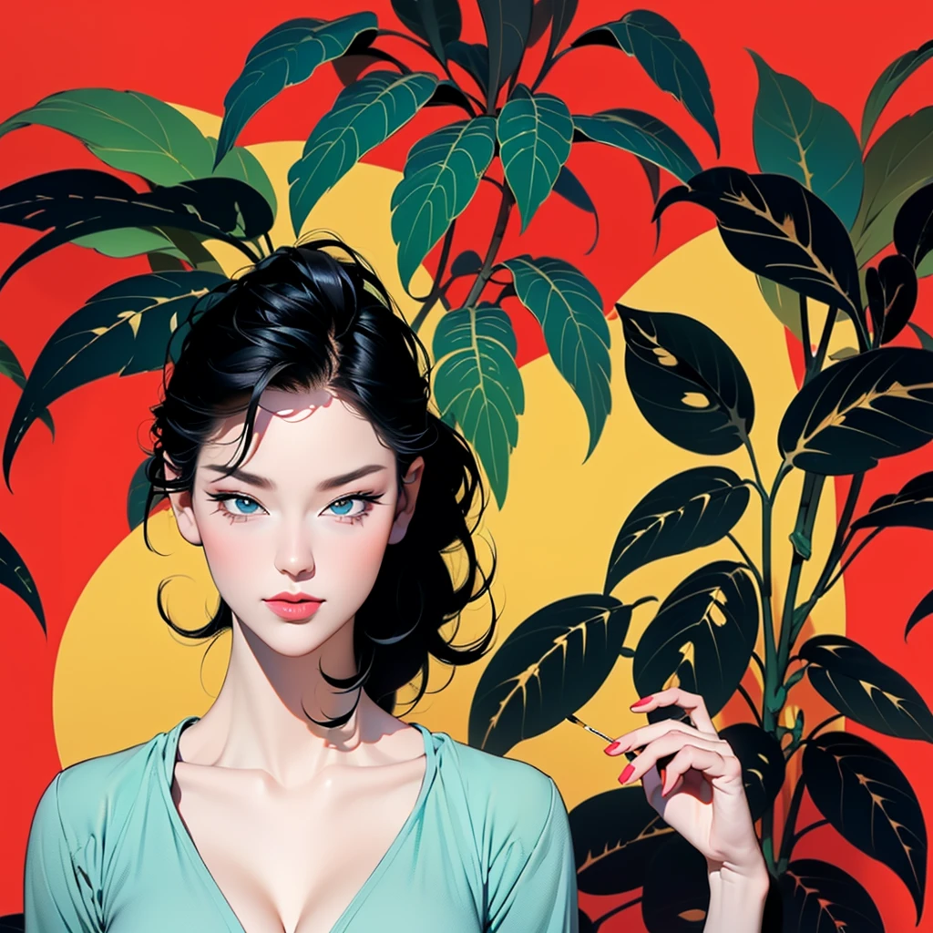 a woman in a navy blue dress standing in front of flowers, ((Art style by Patrick Nagel)), ((8k, wallpaper, detailed)), dark sunglasses, korean popstar, short black hair, pretty hands, fringe, simple red background, palm trees, (graffiti wall:1.2), strong, courageous, art by Patrick Nagel, album cover artwork
