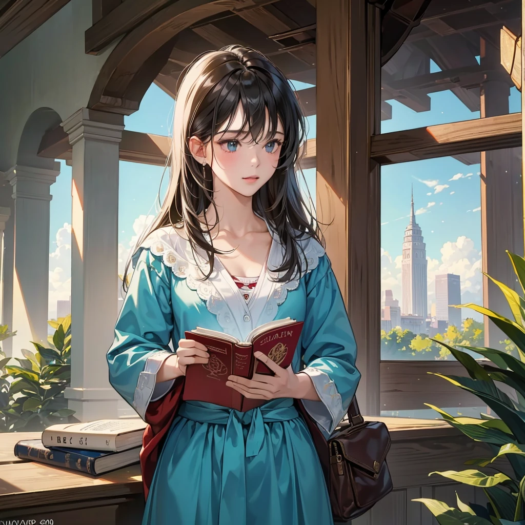 (8K、RAW Photos、top-quality、masterpiece:1.2)、Beautiful woman reading a book in a library、30 years old、It's raining outside、Woman looking out the window、((Photographing a woman from outside a window、))