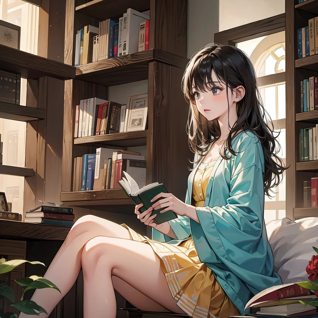 (8K、RAW Photos、top-quality、masterpiece:1.2)、Beautiful woman reading a book in a library、30 years old、It's raining outside、Woman looking out the window、((Photographing a woman from outside a window、))
