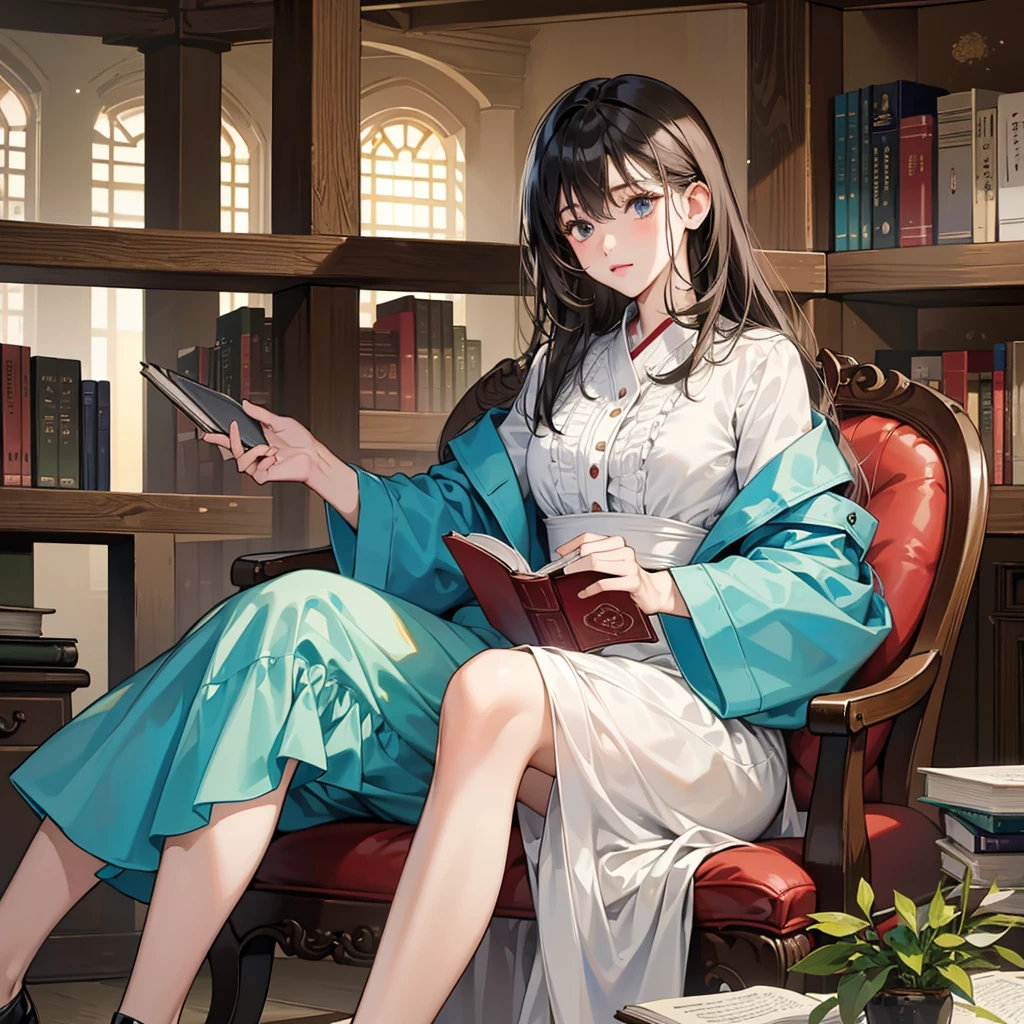 (8K、RAW Photos、top-quality、masterpiece:1.2)、Beautiful woman reading a book in a library、30 years old、It's raining outside、Woman looking out the window、((Photographing a woman from outside a window、))