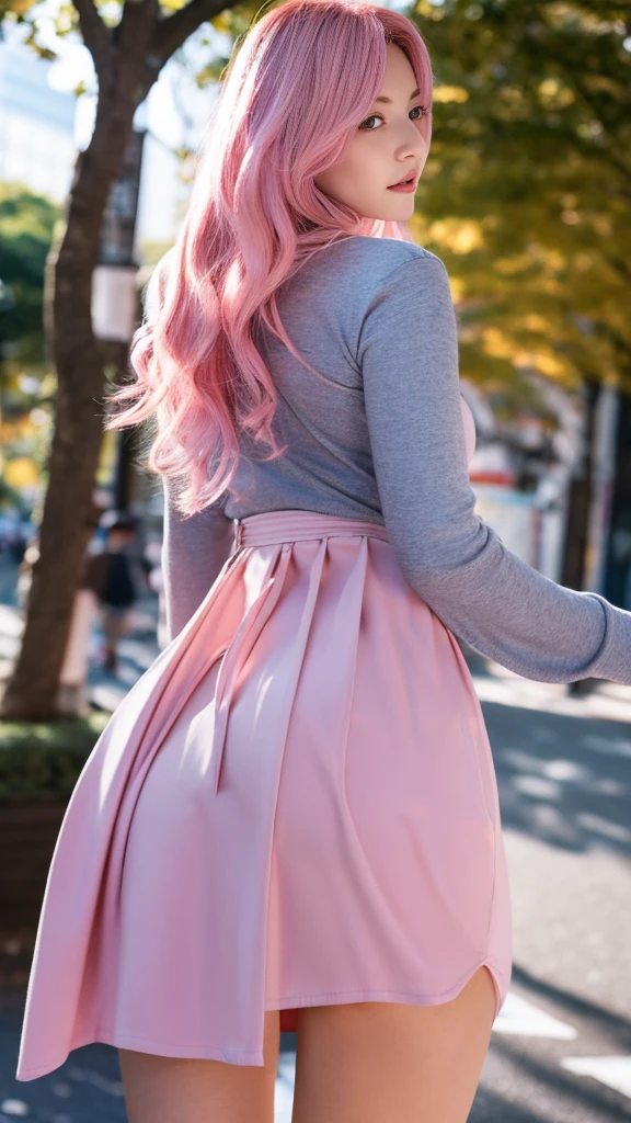 (upskirt :1.3),Tokyo, Kabukicho, Long hair blowing in the wind, Pink Hair, High resolution, dress