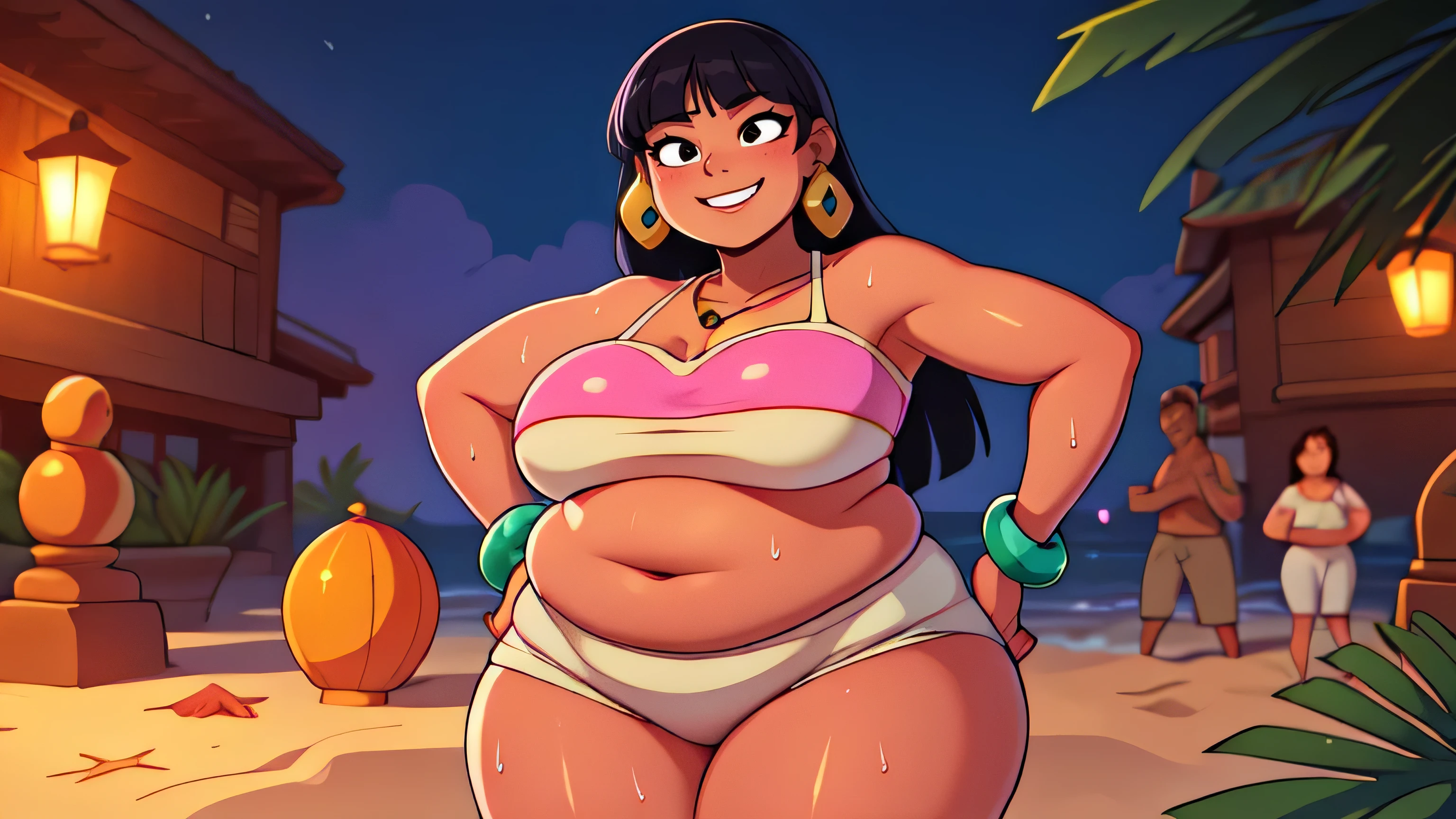(work of art:1.2, best qualityer:1.2), soft ambient lighting, perfect lighting, 1 girl, standing alone, Chel, Bblack hair, long hair, rhombus stripe, eyes browns, darkskin, lipstick, breasts big, Broad Hips, top of the tube, neckleace, bared shoulders, emerald earrings, emerald bracelets, looking at the camera with a smug expression on his face, Hands on hips, beach background, very large body, fat belly rolls, ssBBW, big breasts, sexy smile, fat arms, thunder thighs, super fat, BBW, looking at viewer, sweating very hard