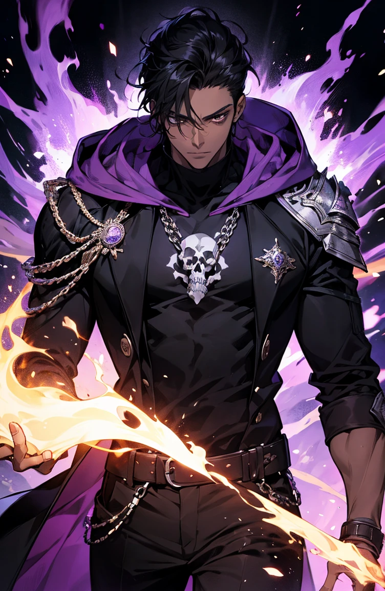 male with bones, looking away from camera, skulls, bones, handsome, black, dark skin, tall, broad shoulders, black hair, purple, purple fire, magic, detailed face, fantasy, hoodie