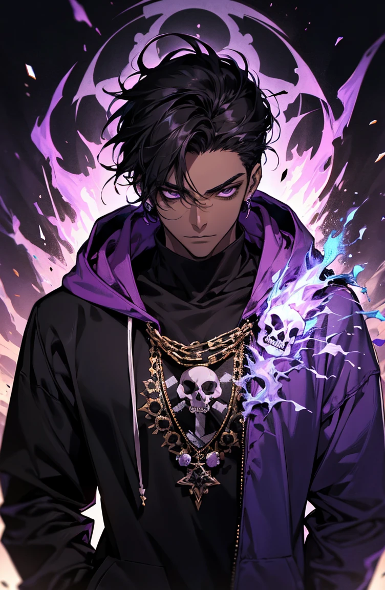male with bones, looking away from camera, skulls, bones, handsome, black, dark skin, tall, broad shoulders, black hair, purple, purple fire, magic, detailed face, fantasy, hoodie