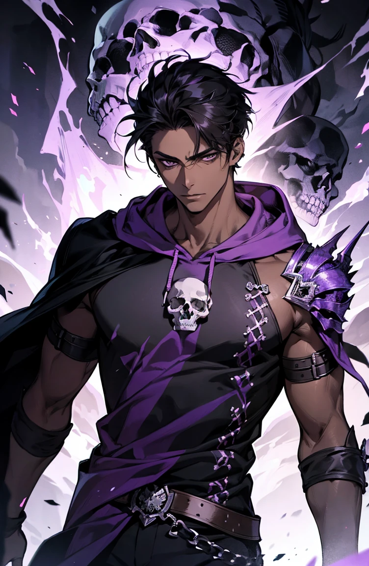 male with bones, looking away from camera, skulls, bones, handsome, black, dark skin, tall, broad shoulders, black hair, purple, purple fire, magic, detailed face, fantasy, hoodie
