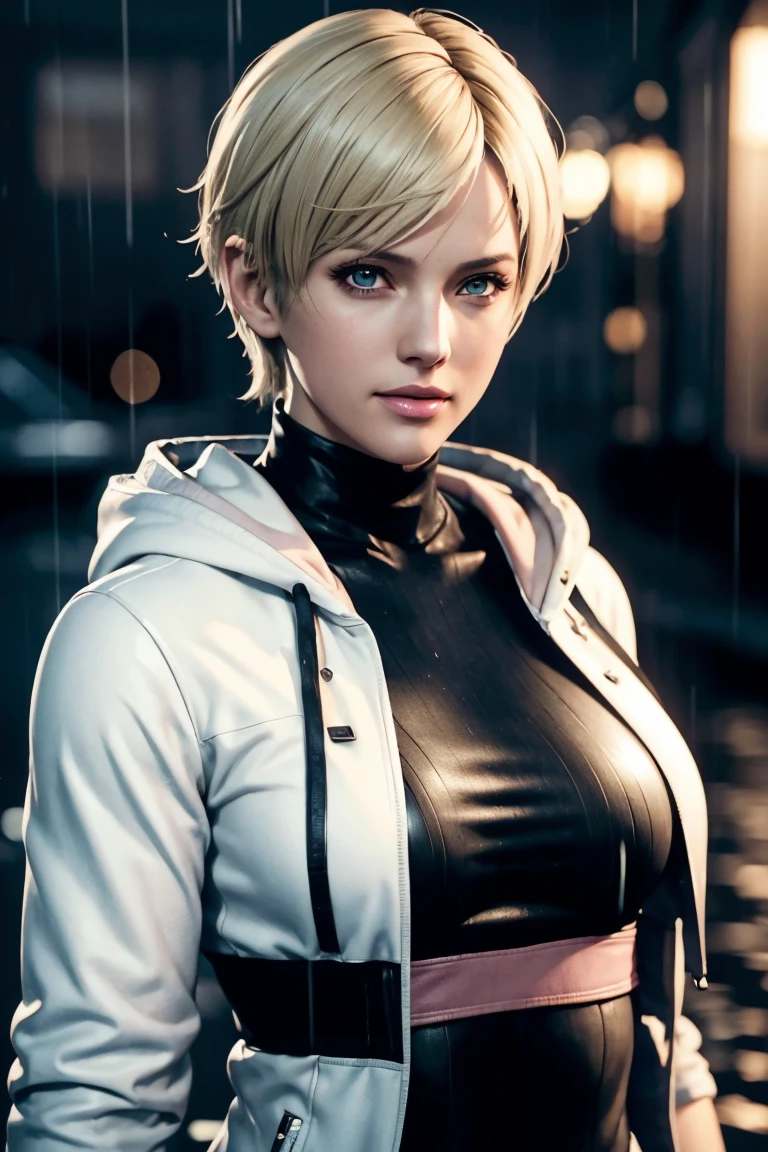 Resident Evil 6,Shelley,Short Hair,Blonde Hair,White hoodie,Cold protection,neck warmer,Photorealistic,Ultra HD,high quality,masterpiece,Digital SLR,Detailed details,Intricate details,Anatomical basis,Depicted in detail,A detailed face,Realistic skin texture,Vivid details,Perfect Anatomy,Perfect Anatomy,Anatomically correct hand,Anatomically correct fingers,Super Detail,Complex 3D rendering,Sexy pose,Rainy Sky,Beautiful scenery,Fantastic rainy sky,Picturesque,Pink Lips,smile,