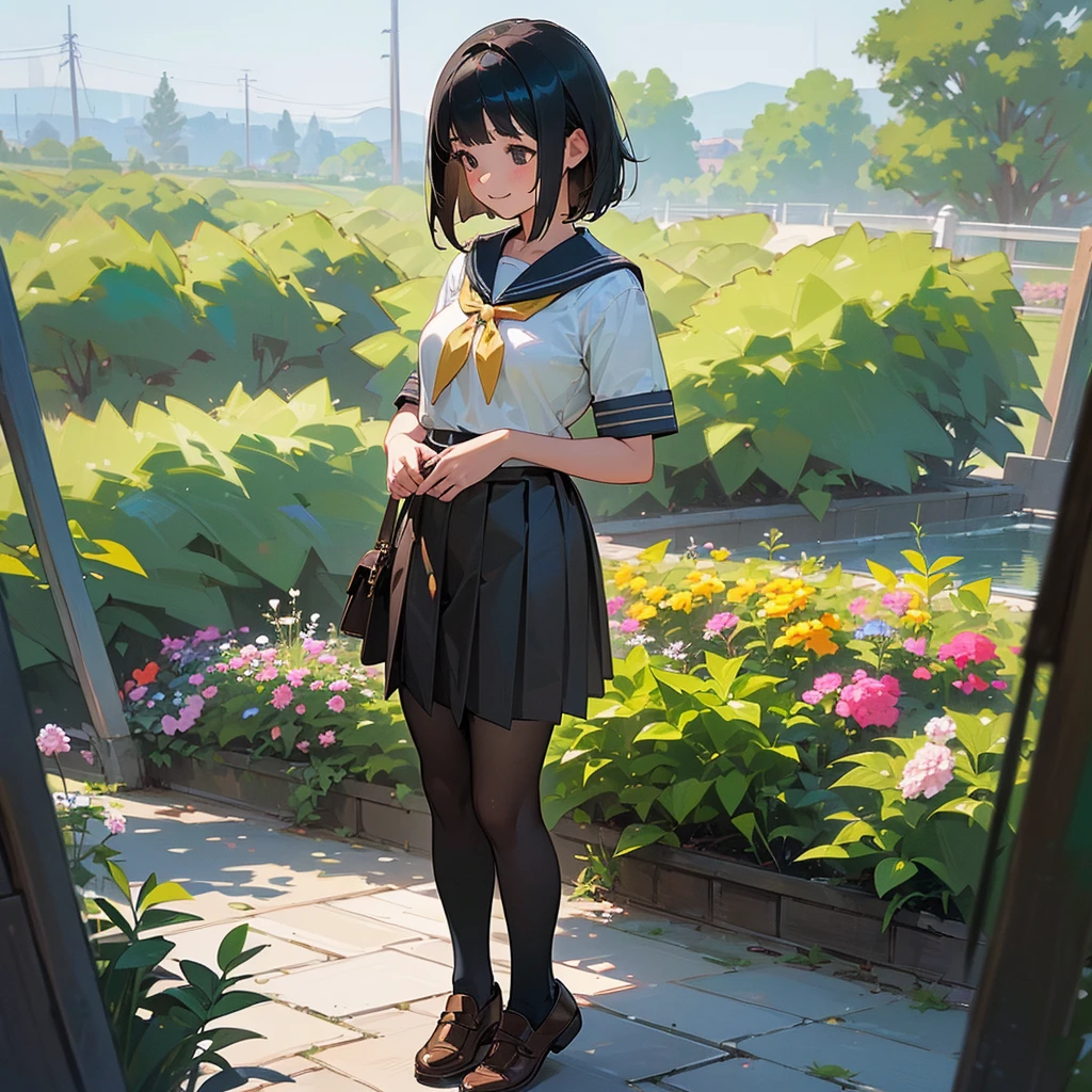 (Highest quality, High resolution, Super detailed, Realistic:1.37), Peaceful atmosphere, (Outdoor, garden), Teenage girl standing alone,(my breasts are big.),Beautifully detailed features, Cute Smile, ((Black bob hair)),Short-sleeved sailor uniform, Pleated skirt,Black tights,Brown leather shoes.