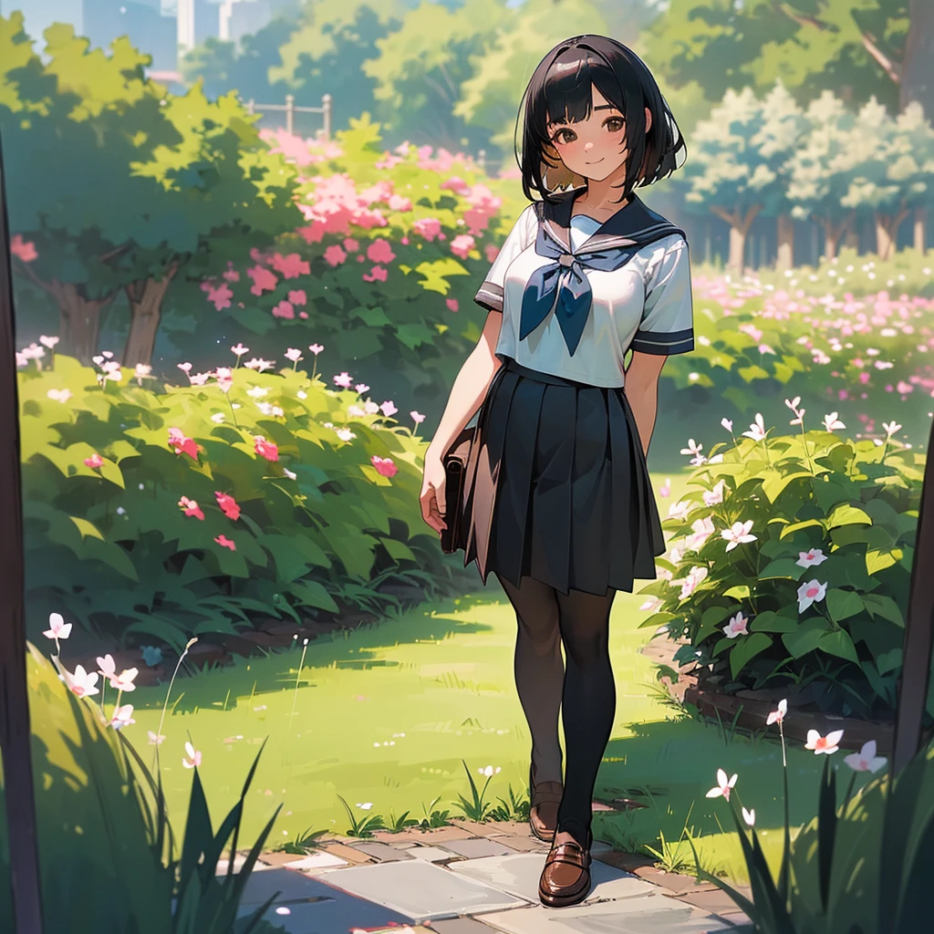 (Highest quality, High resolution, Super detailed, Realistic:1.37), Peaceful atmosphere, (Outdoor, garden),  girl standing alone,(my breasts are big.),Beautifully detailed features, Cute Smile, ((Black bob hair)),Short-sleeved sailor uniform, Pleated skirt,Black tights,Brown leather shoes.