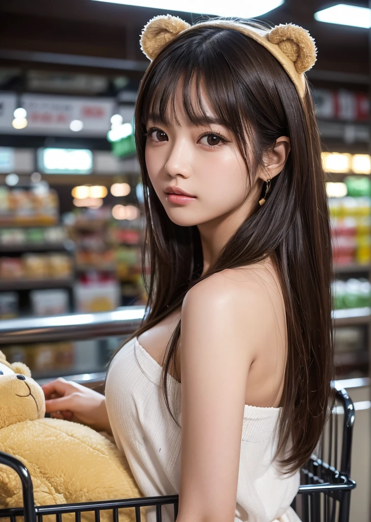 (Realistic, photo-Realistic:1.37),(8K, RAW Photos, Highest quality, masterpiece:1.2), cute, Ultra-detailed, 超High resolution, Kodak Vision Color, Filmed with an Arricam LT camera,Highest quality, Lively, 8K, High resolution, 1 girl, Escape, (Professional Lighting), (Portraiture:0.6), Black Hair, (Medium Hair),21 years old、slender、supermarket、Push the cart、Go shopping、Surrounded by a variety of ingredients、Pushing a shopping cart、 Long Hair, Modern photography, wear (bear costume), (Portraiture), cuteクマのワンジーパジャマ, Super soft light brown plush fabric, debtわdebtわフード, cuteクマの頭巾, (35mm, debt/2.8) Photo , Aperture, Highly detailed and exquisite, character, Hypermaximalist, beautiful, reveal, Charm, Charm, Affectionate, Ultra-realistic, Very detailed, beautiful woman, ((Fine grain)), Long eyelashes, (Glossy Lips), topless、