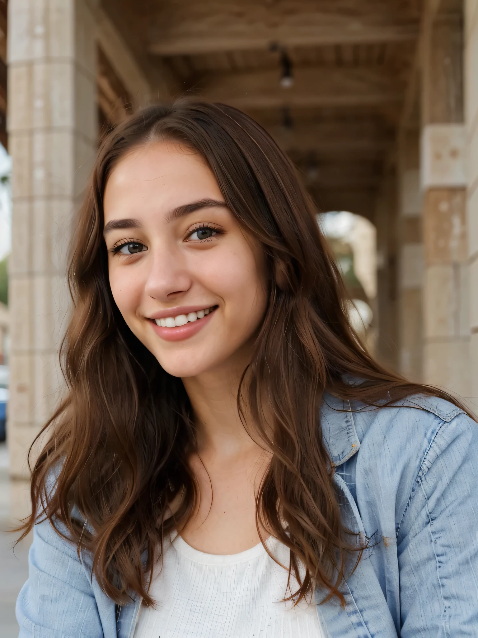 one cute women, 20YO, white, Arab, cute face, realistic brown eyes, blue jacket, brown hair, cute smile, skinny face, white realistic teethes, big eyes, long hair