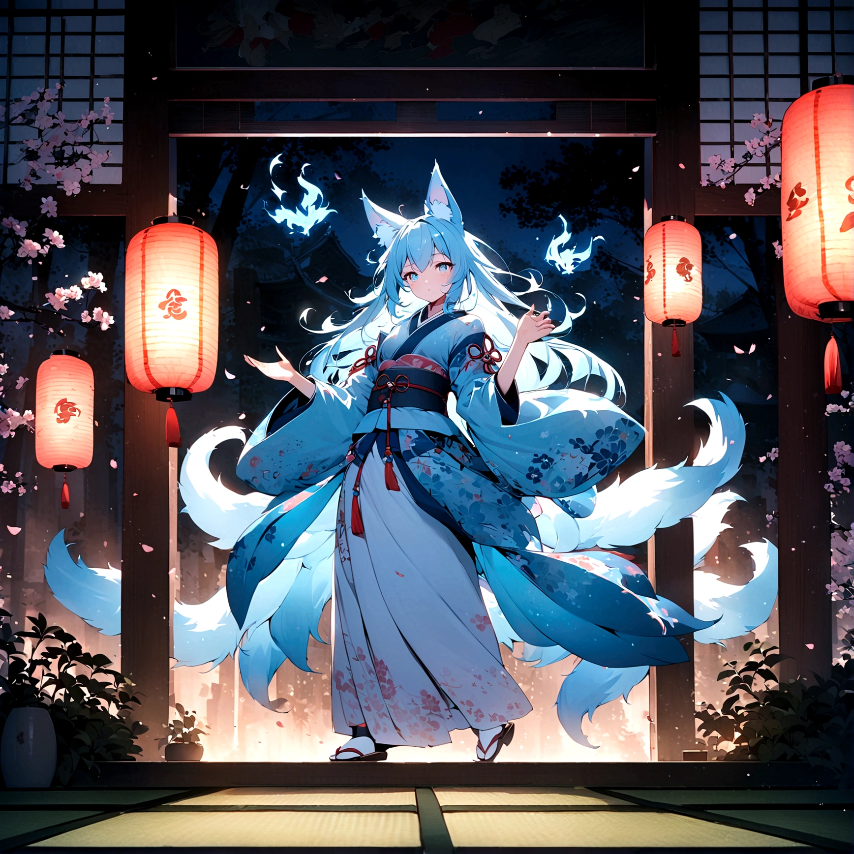 fox Light blue hair beast girl indigo fur fox beast girl Wallpaper 4k,8k,highly detailled,,vivid colors,detailed kitsune with 9 tails,traditional Japanese artwork,tatami floor,beautiful cherry blossoms,floating lanterns,dark silhouette of a pagoda,subtle moonlight,dense forest,ethereal atmosphere,dappled sunlight,whimsical spirit,serene expression,elaborate kimono and obi,delicate hand-painted details,luminous eyes Anime Style fox blue White-faced golden-haired nine-tailed fox Coat blue mysterious background Blue Flame girl have a ball of light