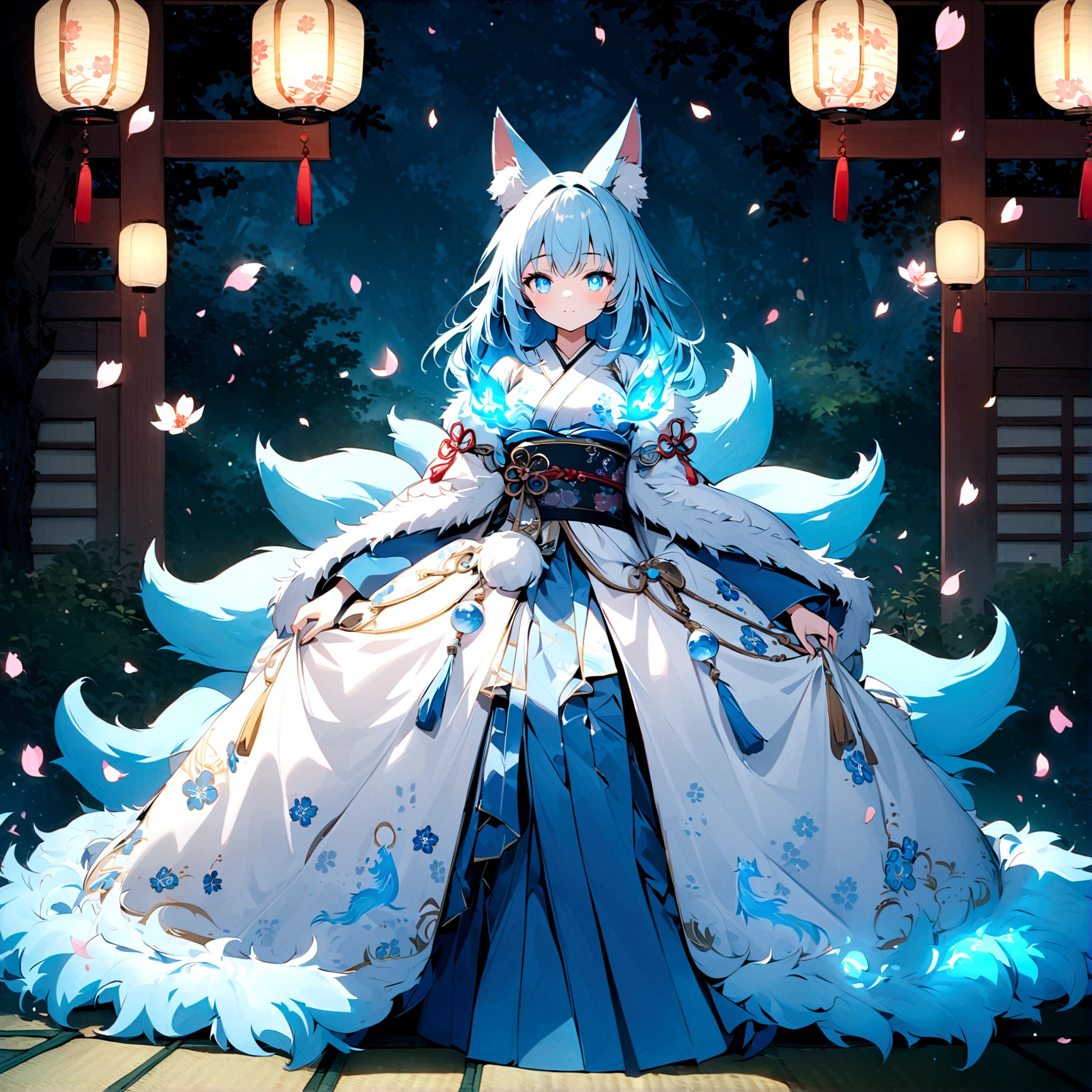 fox Light blue hair 　beast girl　indigo fur　fox beast girl　Wallpaper 4k,8k,highly detailled,,vivid colors,detailed kitsune with 9 tails,traditional Japanese artwork,tatami floor,beautiful cherry blossoms,floating lanterns,dark silhouette of a pagoda,subtle moonlight,dense forest,ethereal atmosphere,dappled sunlight,whimsical spirit,serene expression,elaborate kimono and obi,delicate hand-painted details,luminous eyes　Anime Style　fox　blue　White-faced golden-haired nine-tailed fox　Coat blue　　　mysterious background　Blue Flame　girl　have a ball of light
