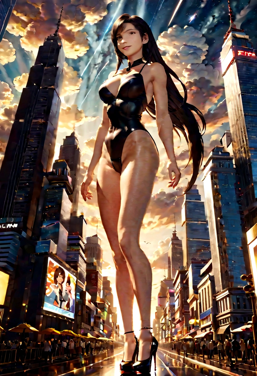 Ground View,giantesscity,tifa,giantesscity,giant girl 50000 feet high，Have a pair of ultra long legs,bending down,((picking up small men)),small men in her hand,a pair of huge breasts，Wearing a pair of Mary Jane heels，A look of enjoyment，Beautiful appearance，Exquisite makeup，quality，8k，高quality，Perfect proportion, Cinema lighting，film grain，Fuji colors，8k，textured skin，Super details，high detail，high quality，high resolution，explode，fake smile