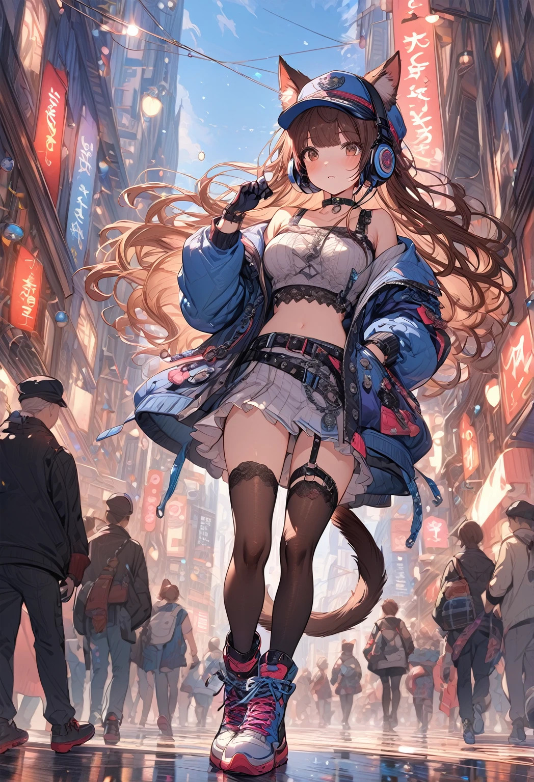 ((masterpiece:0), best quality, very aesthetic, newest, absurdres, detailed, high quality)
BREAK
highest quality, top quality, details, highres, ultra fine painting, digital art, official art, cinematic, 4k, 8k resolution, 8K CG wallpaper, CG, original artwork, detailed background, colorful background, blue atmosphere, High Dynamic Range, blurry background, blue hour, Starburst effects, crepuscular rays, good ISO, high resolution, wide shot, from far away, RAW photo, POV, sharp focus, light reflection, reflections, intricate details, soft light, particle noise, professional photography, bokeh, depth of field, natural lighting, vibrant colors, looking away, detailed lights and shadows, stylish, ultra-detailed, top rated on Pixiv, trending on Artstation, niji style, modern-days, master crafted, pose
BREAK
solo, 1girl, a girl, correct fingers, detailed hair, (medium big breasts:1.2), big thighs, short torso, short body, flushtered, blush, anxious expression, casual, slim, ((cute, childlike face):1.3), nice hips, nice body, brown hair, (long flowing hair:1.1), big 2 buns hairstyle, long bangs, long hair, middle hair bangs, brown eyes
BREAK
((colorful outfit), off shoulder crop top, short skirt, headphone, jacket, casual cap, belts, straps, choker, gloves, boots, (stockings), garterbelt, accessories, outfit ornaments, sneakers, kemonomimi, 1 tail, correct tail, (full body))
BREAK
a person walking down a street with a crowd of people, crowded street, crowded streets, in front of a large crowd, giant crowd, girl walking through city, people walking down a street