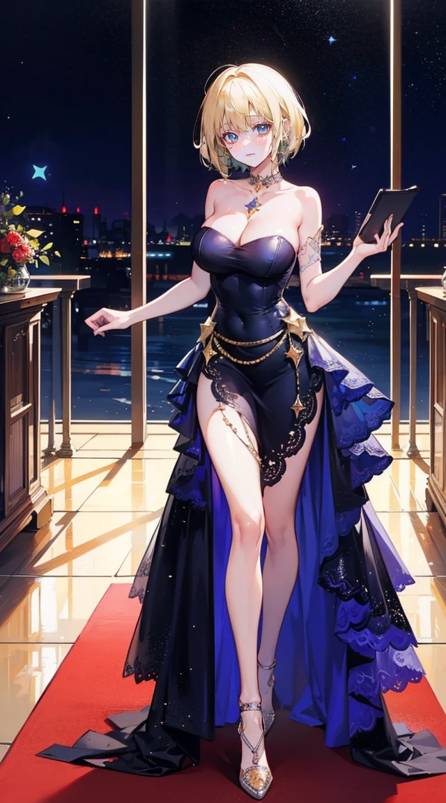 beautiful woman，(has short blonde hair)，nobility，(princess)，blue student，Tall figure，((Strapless dress))，low skirt，(Star evening dress)，Show your legs，Crystal heels，red carpet，prom website，(nobility)，(big tits)