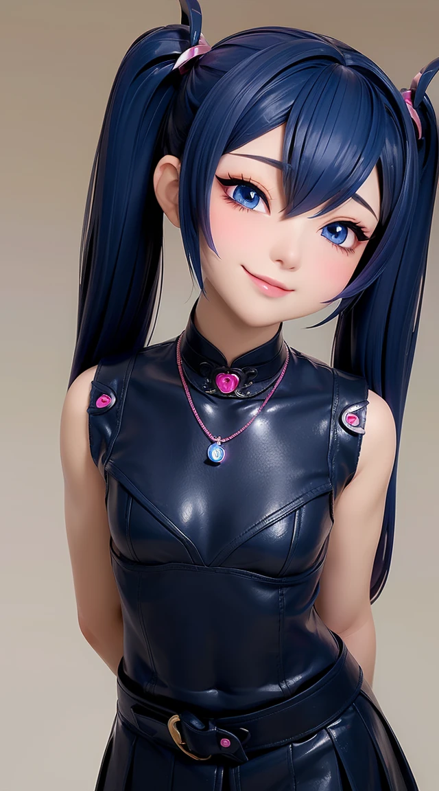 (masterpiece:1.3), (Best Quality:1.3), (Ultra-detailed:1.2), ((kawaii)), Cute, (lovely), ((sexy)), ((Extremely detailed)), 4K, (8K), Best Quality, (Beautiful), Illustration, anime style, (bold line:1.2), Gradation, looking at viewer, //, (bent down:1.1), (arms behind back), //, a cute girl, 1girl, (solo:1.2), gleaming skin, //, (flat chested), (Perfect eyes:1.2), (Perfect iris:1.2), //, darkblue hair color, (beautiful eyes) //, (half closed eyes:1.3), (sexual expression:1.2), Fascinated expression, smile, (blush:1.2), //, modern city background, on rock, twin tails, muscle girl, hard abs, exposed abs, NECKLACE, tight blouse, skirt
