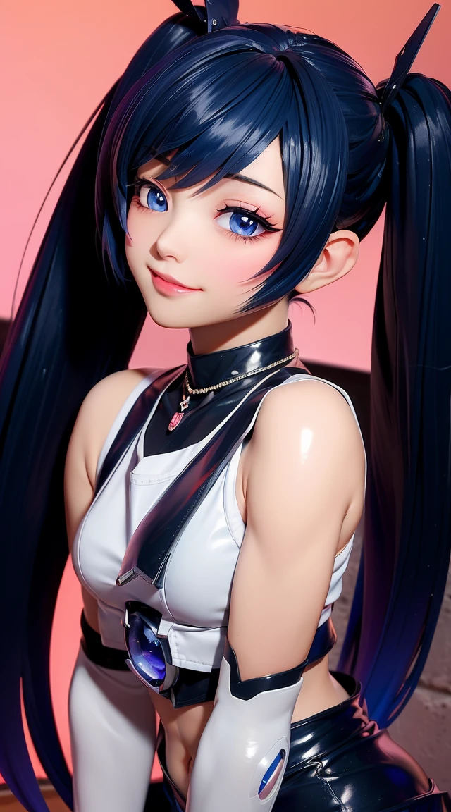 (masterpiece:1.3), (Best Quality:1.3), (Ultra-detailed:1.2), ((kawaii)), Cute, (lovely), ((sexy)), ((Extremely detailed)), 4K, (8K), Best Quality, (Beautiful), Illustration, anime style, (bold line:1.2), Gradation, looking at viewer, //, (bent down:1.1), (arms behind back), //, a cute girl, 1girl, (solo:1.2), gleaming skin, //, (flat chested), (Perfect eyes:1.2), (Perfect iris:1.2), //, darkblue hair color, (beautiful eyes) //, (half closed eyes:1.3), (sexual expression:1.2), Fascinated expression, smile, (blush:1.2), //, modern city background, on rock, twin tails, muscle girl, hard abs, exposed abs, NECKLACE, tight blouse, skirt