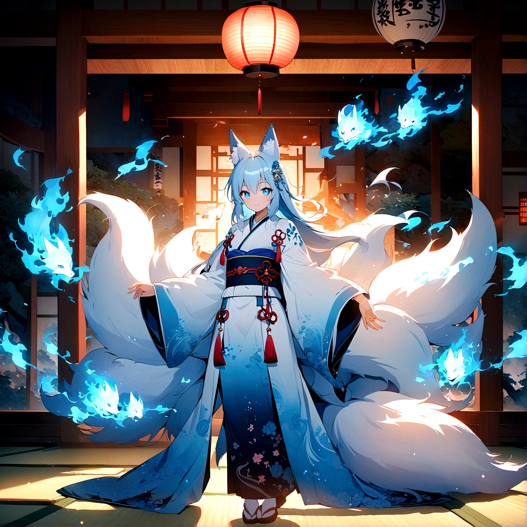 Anime Style fox blue White-faced golden-haired nine-tailed fox Coat blue mysterious background Blue Flame girl have a ball of light Light blue hair beast girl indigo fur fox beast girl Wallpaper 4k,8k,highly detailled,,vivid colors,detailed kitsune with 9 tails,traditional Japanese artwork,tatami floor,beautiful cherry blossoms,floating lanterns,dark silhouette of a pagoda,subtle moonlight,dense forest,ethereal atmosphere,dappled sunlight,whimsical spirit,serene expression,elaborate kimono and obi,delicate hand-painted details,luminous eyes Anime Style fox blue White-faced golden-haired nine-tailed fox Coat blue mysterious background Blue Flame girl have a ball of light