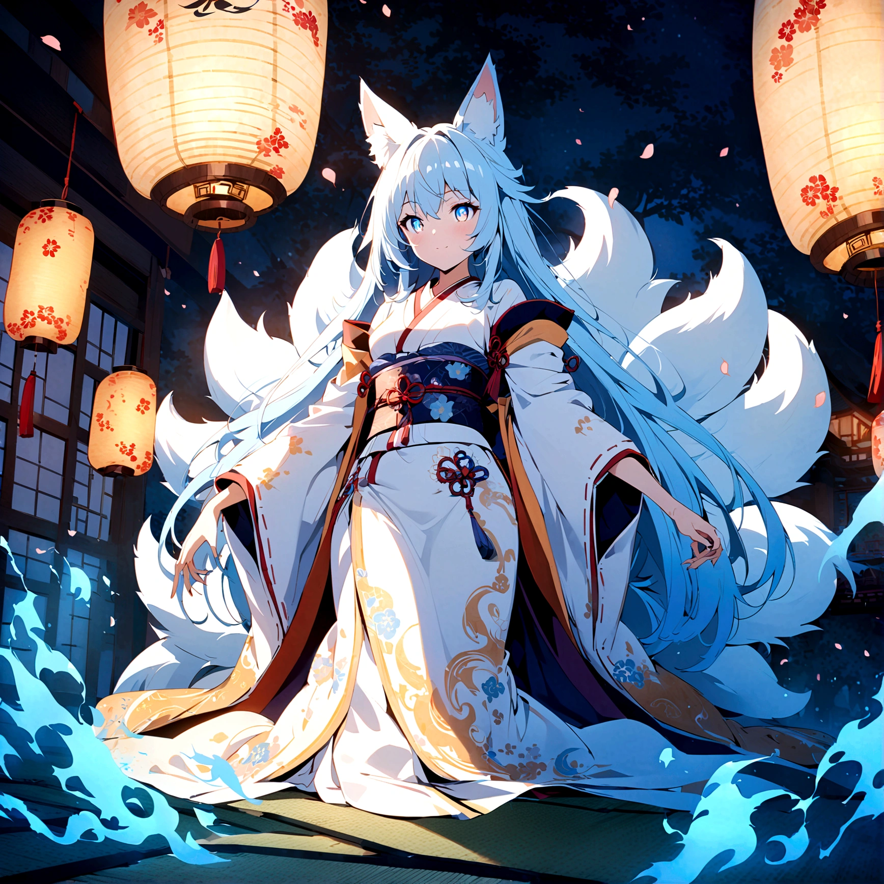 Anime Style fox blue White-faced golden-haired nine-tailed fox Coat blue mysterious background Blue Flame girl have a ball of light Light blue hair beast girl indigo fur fox beast girl Wallpaper 4k,8k,highly detailled,,vivid colors,detailed kitsune with 9 tails,traditional Japanese artwork,tatami floor,beautiful cherry blossoms,floating lanterns,dark silhouette of a pagoda,subtle moonlight,dense forest,ethereal atmosphere,dappled sunlight,whimsical spirit,serene expression,elaborate kimono and obi,delicate hand-painted details,luminous eyes Anime Style fox blue White-faced golden-haired nine-tailed fox Coat blue mysterious background Blue Flame girl have a ball of light