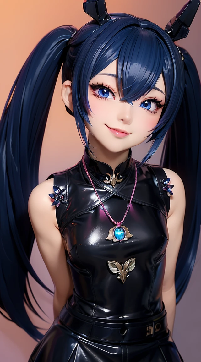  (masterpiece:1.3), (Best Quality:1.3), (Ultra-detailed:1.2), ((kawaii)), Cute, (lovely), ((sexy)), ((Extremely detailed)), 4K, (8K), Best Quality, (Beautiful), Illustration, anime style, (bold line:1.2), Gradation, looking at viewer, //, (bent down:1.1), (arms behind back), //, a cute girl, 1girl, (solo:1.2), gleaming skin, //, (flat chested), (Perfect eyes:1.2), (Perfect iris:1.2), //, darkblue hair color, (beautiful eyes) //, (half closed eyes:1.3), (sexual expression:1.2), Fascinated expression, smile, (blush:1.2), //, modern city background, on rock, twin tails, muscle girl, hard abs, exposed abs, NECKLACE, tight blouse, skirt