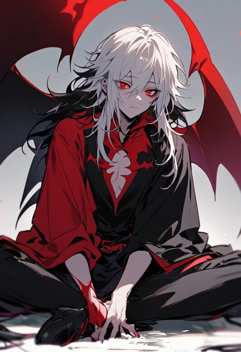 Half human and half demon, he is male, his hair is white and his eyes are red, and he is sitting on the ground