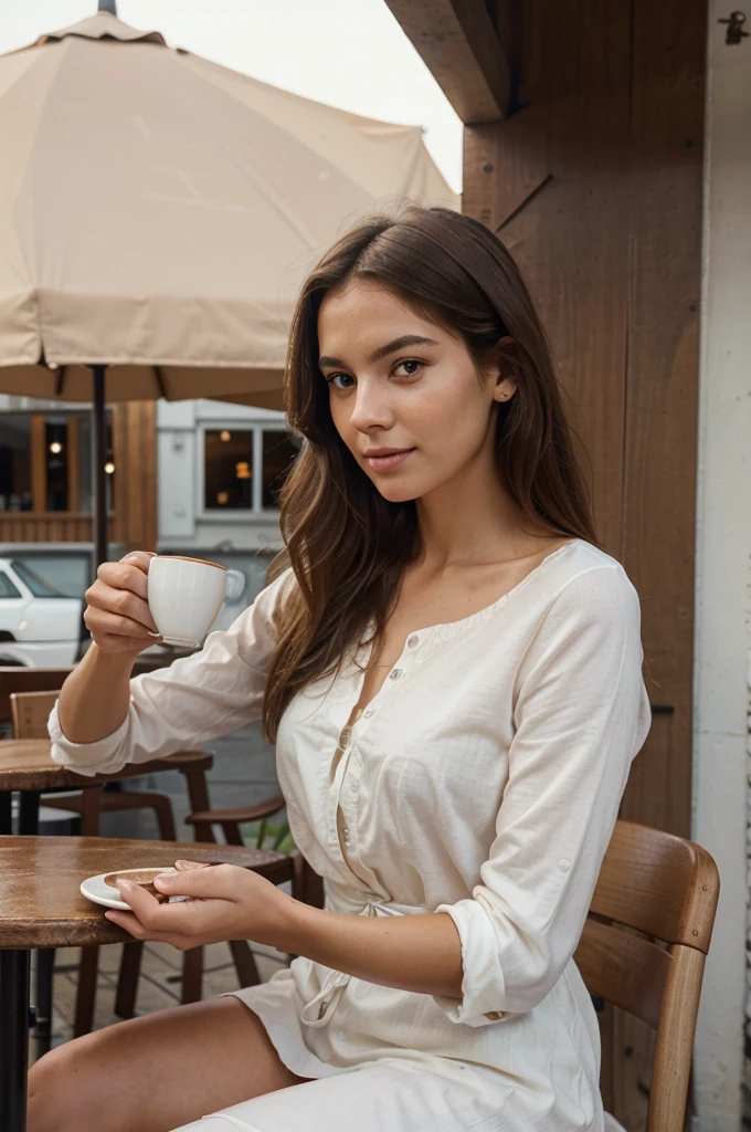we capture the exquisite beauty of a woman (175cm) with a captivating mix of Scandinavian and South American heritage. the woman sitting at a table with a cup of coffee, loking outside, a sketch by Niko Henrichon, tumblr, realism, drinking coffee, infp young woman, woman drinking coffee, cute woman, gorgeous lady, morning coffee, sitting in a cafe, enjoying coffee at a coffee shop, perfect anatomy, very feminine, perfect hands, her hands are not mutated, she has a very feminine body, High Definition, Ultra High Quality, photorealistic:.1.37, UHD, NO MUTATIONS