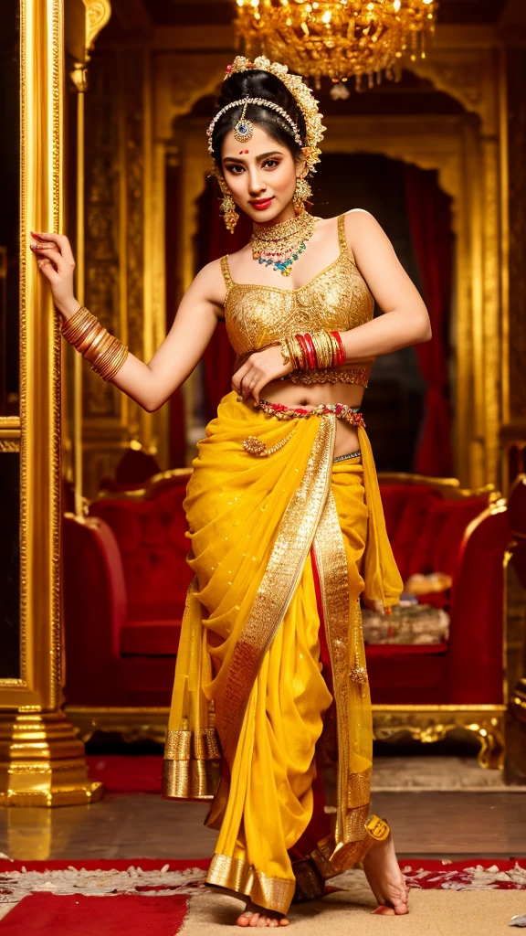 Indian courtesan dancing inside a golden palace, sari (a typical female garment in India, consisting of a piece of fabric wrapped around the body) in varied styles and luxurious ornaments, such as jewelry and decorative accessories on the head, hands and feet. These costumes were often rich in color and fine fabrics, reflecting the culture and status of the courtesans., 8k, ultra realistic, detailed and perfect painting