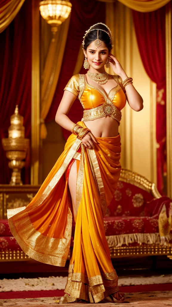 Indian courtesan dancing inside a golden palace, sari (a typical female garment in India, consisting of a piece of fabric wrapped around the body) in varied styles and luxurious ornaments, such as jewelry and decorative accessories on the head, hands and feet. These costumes were often rich in color and fine fabrics, reflecting the culture and status of the courtesans., 8k, ultra realistic, detailed and perfect painting