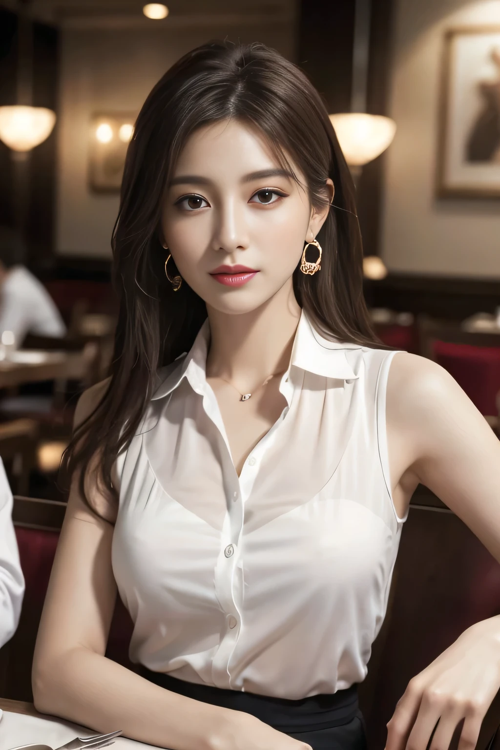 masterpiece, Highest quality, Realistic, Very detailed, Finer details, High resolution, 8k wallpaper, One beautiful woman, Wear an elegant white see-through shirt, In a great restaurant, At night, Light brown messy hair, Perfect dynamic composition, Beautiful and beautiful eyes、Big earrings、Sit on a chair、Sleeveless shirt、