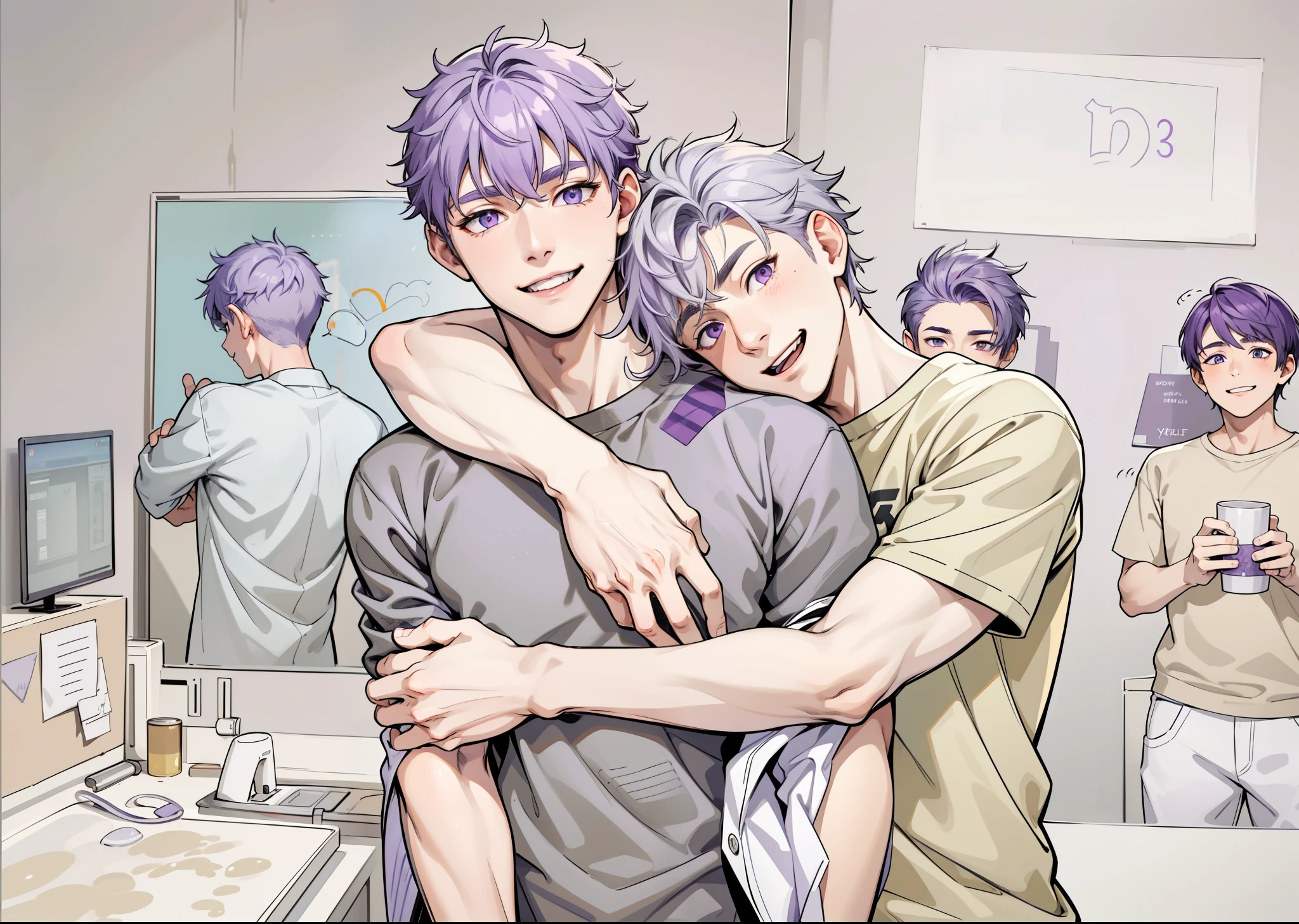 There are two 16-year-old male boys with purple hair and gray hair., purple eyes and gray eyes hug him they smile lovingly his brothers are behind smiling