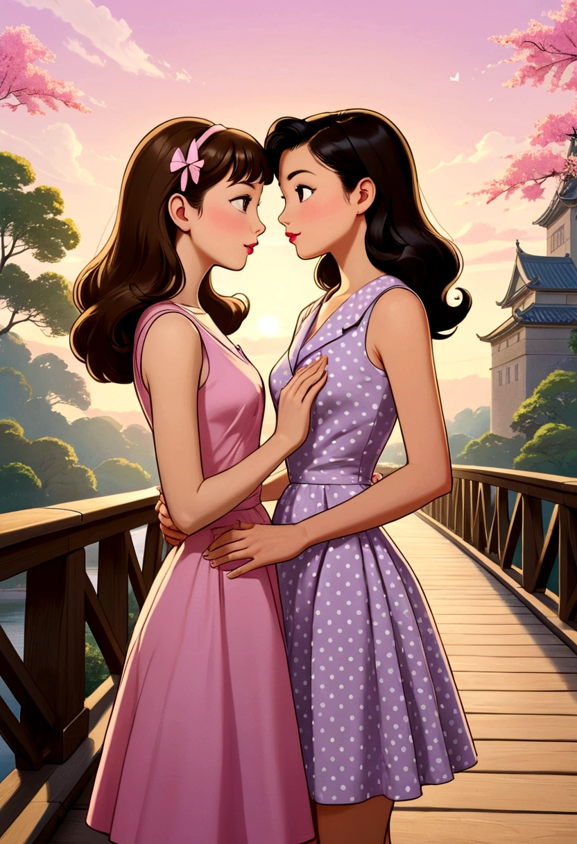 Name "The Loyal Pin (Sarocha Chankimha & Rebecca Armstrong)" in an elegant and dynamic font written in 3D. A captivating and tender anime-style illustration of two women, in love, standing on a beautiful bridge, facing each other. The first woman is a beautiful young woman with British features (Anin), semi-long light brown hair held on one side by a delicate barrette, and she is wearing a 1950s-style sleeveless dress in lilac with small white polka dots and low heels. She is about to mischievously kiss the second woman, a beautiful young woman with Asian features (Pin), dark brown hair, and is dressed in a pastel pink 50s-style sleeveless dress and low-heeled shoes. She seems surprised and shy about the kiss they are about to give her.