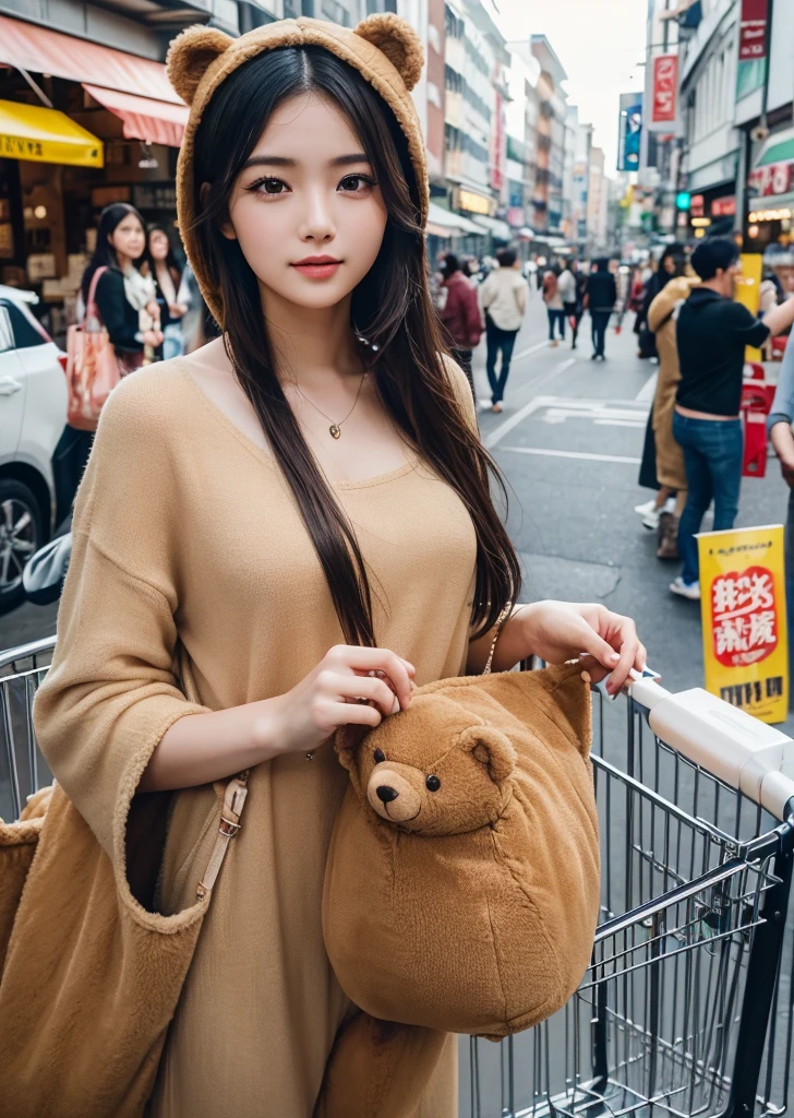 (Realistic, photo-Realistic:1.37),(8K, RAW Photos, Highest quality, masterpiece:1.2), cute, Ultra-detailed, 超High resolution, Kodak Vision Color, Filmed with an Arricam LT camera,Highest quality, Lively, 8K, High resolution, 1 girl, Escape, (Professional Lighting), (Portraiture:0.6), Black Hair, (Medium Hair),21 years old、slender、supermarket、Push the cart、Go shopping、Surrounded by a variety of ingredients、Pushing a shopping cart、 Long Hair, Modern photography, wear (bear costume), (Portraiture), cuteクマのワンジーパジャマ, Super soft light brown plush fabric, debtわdebtわフード, cuteクマの頭巾, (35mm, debt/2.8) Photo , Aperture, Highly detailed and exquisite, character, Hypermaximalist, beautiful, reveal, Charm, Charm, Affectionate, Ultra-realistic, Very detailed, beautiful woman, ((Fine grain)), Long eyelashes, (Glossy Lips), topless、