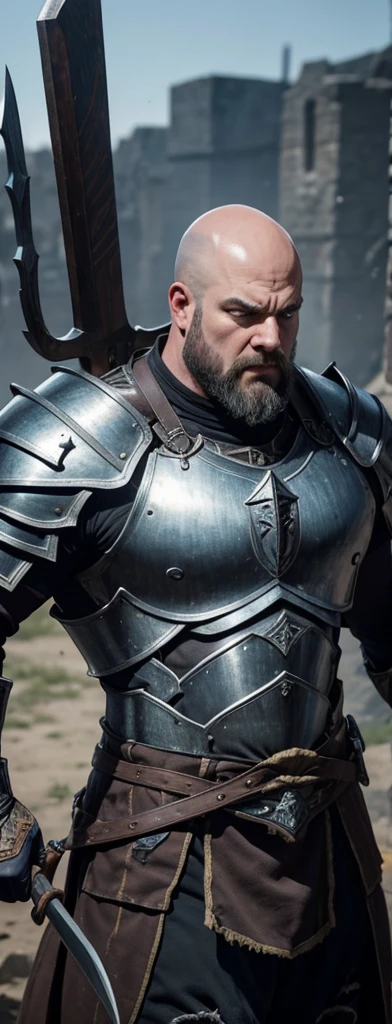 I want him to look like a bald burly full body warrior.
He is equipped with heavy metal armor that covers his entire body.. The armor is decorated with iridescent runes etched into it.
His face shows anger.
In his hands he carries a huge two-handed axe..
In the background you can see the square of some medieval city. A scar crosses his unshaven chin..