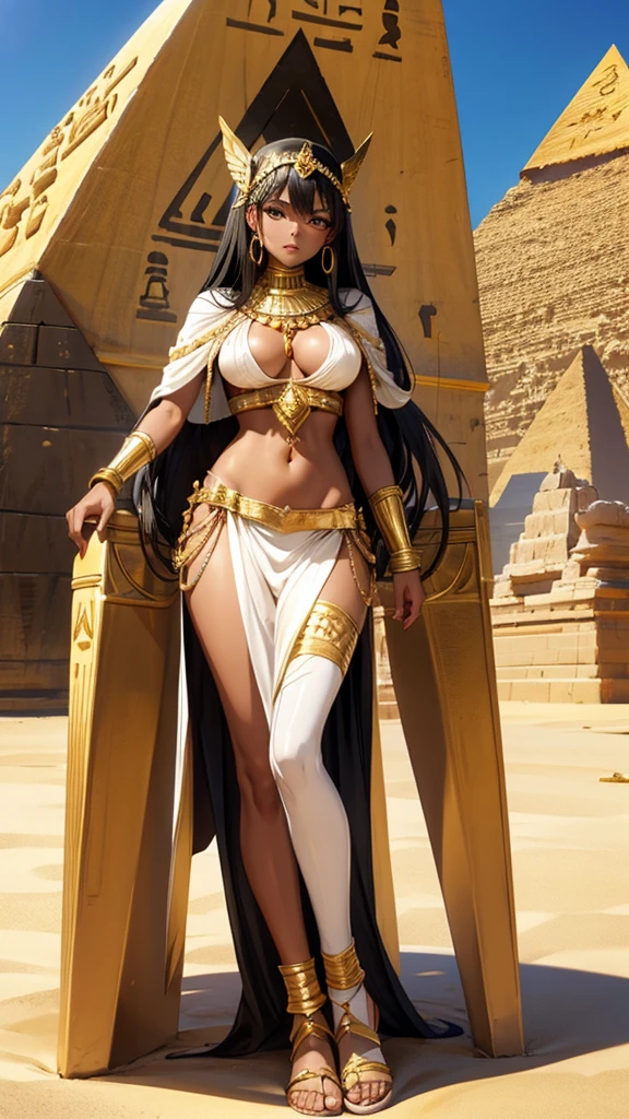 Beautiful girl with black hair and dark skin，gold necklace，white egyptian clothing，， waist， Legs，sandals，desert，Standing，pyramid，sphinx