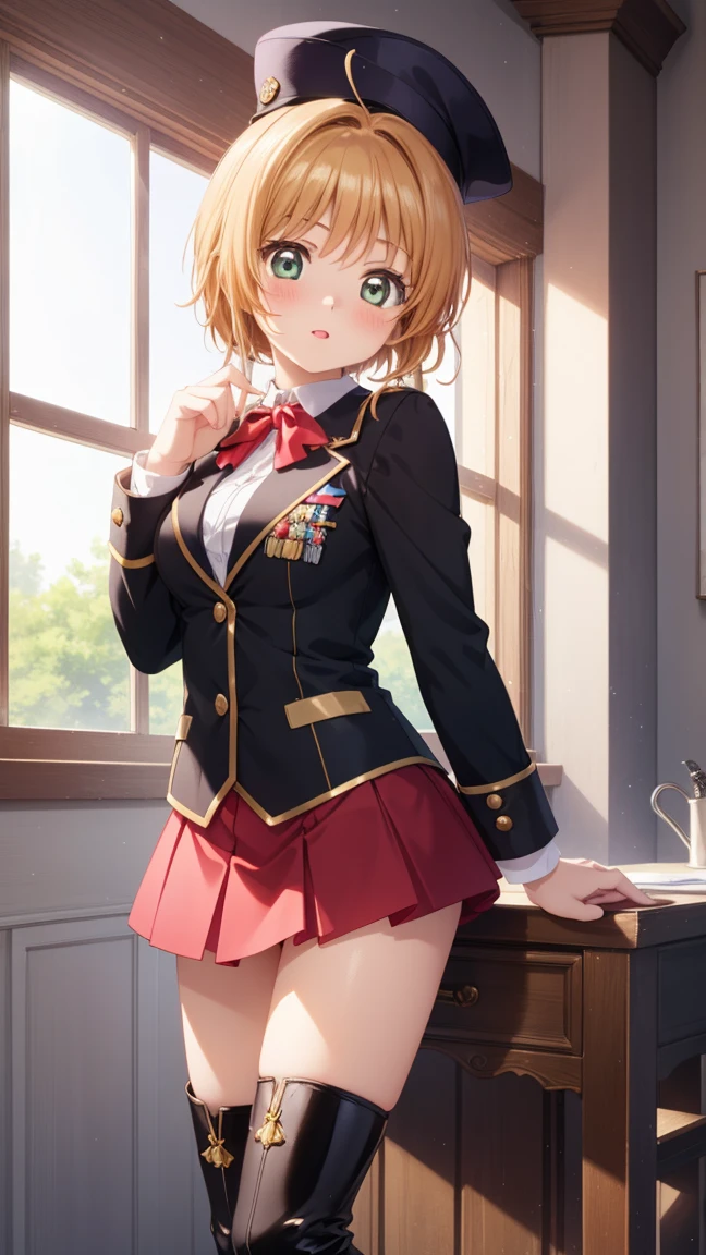 masterpiece, best quality, highres, 1girl, detailed face, blush, anime CG style, (medium breasts), (18 year old girl:1.3), (aged up), good lighting, perfect body, sakura kinomoto, glossy lips, blush, blazer, miniskirt, thigh boots, military hat