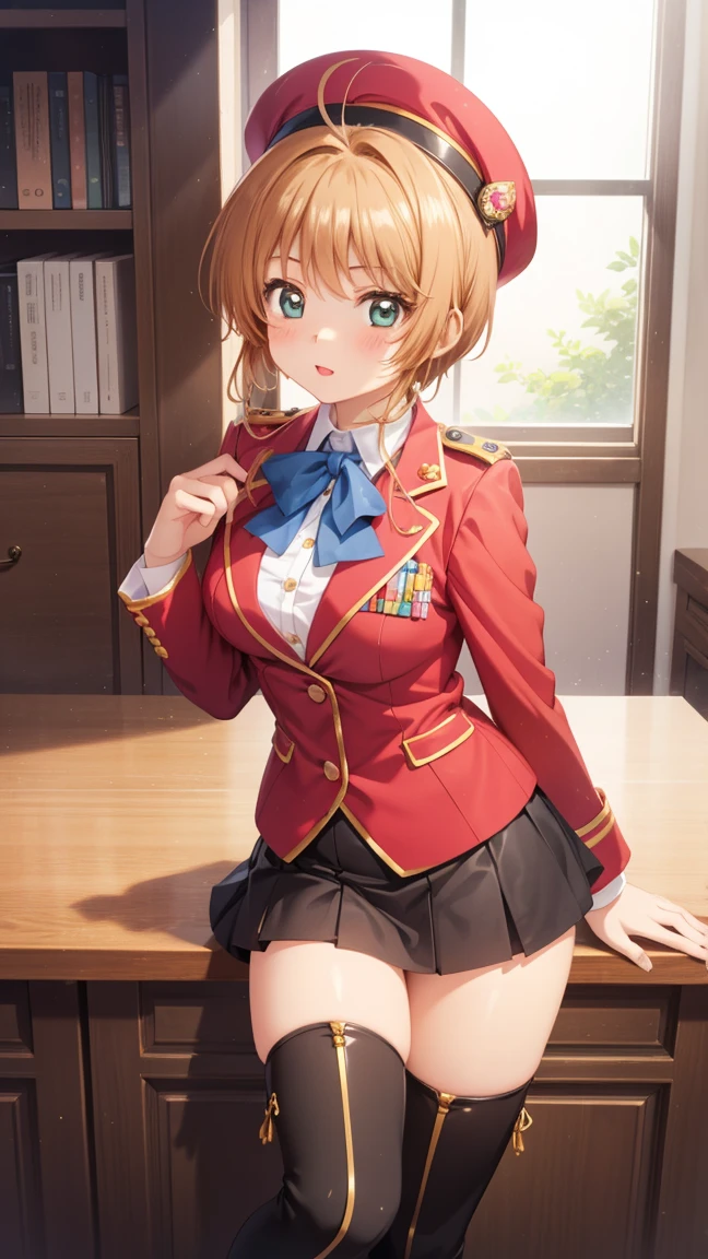 masterpiece, best quality, highres, 1girl, detailed face, blush, anime CG style, (??????????????), (18 year old girl:1.3), (aged up), good lighting, perfect body, sakura kinomoto, glossy lips, blush, blazer, miniskirt, thigh boots, military hat