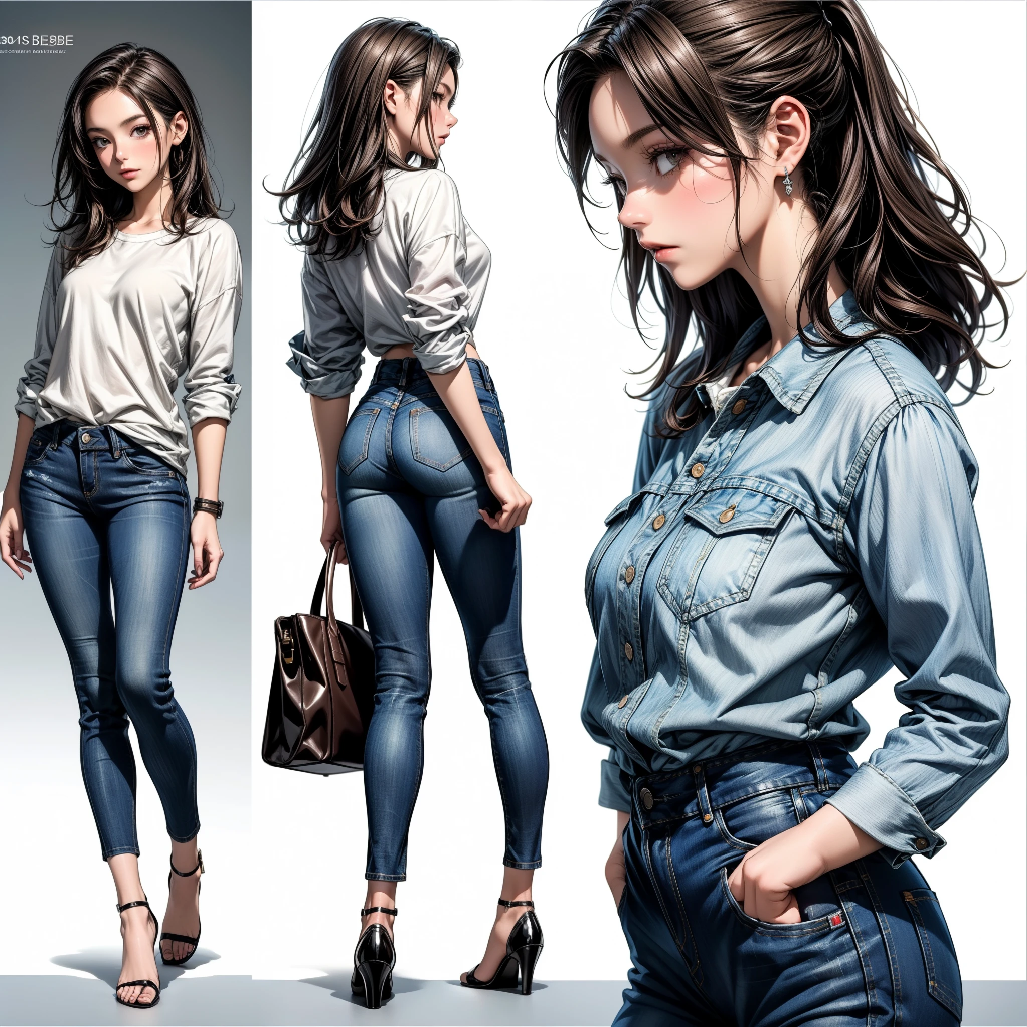 Detailed character sheet, Front view, Side view, Diagonal view, with a white returnground, show women, 30 years old, with short dark brown hair combed return, Wearing light casual clothing, Wearing tight denim jeans. The seat includes different angles, Front etc., return, and Side views, Model sheets and reference sheets, Full-body painting. Proportions are based on a 7.5 head scale.