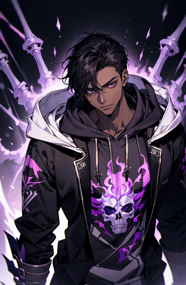 male with bones, looking away from camera, skulls, bones, handsome, black, dark skin, tall, broad shoulders, black hair, purple, purple fire, magic, detailed face, fantasy, hoodie