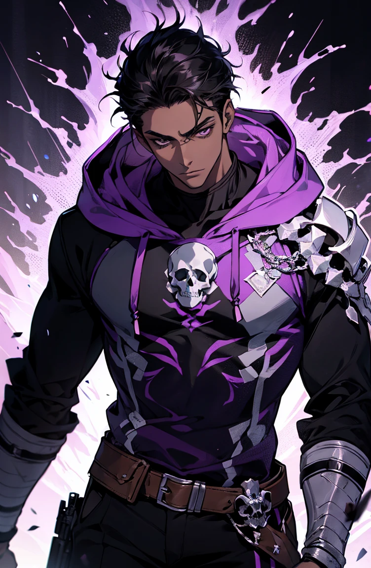 male with bones, looking away from camera, skulls, bones, handsome, black, dark skin, tall, broad shoulders, black hair, purple, purple fire, magic, detailed face, fantasy, hoodie