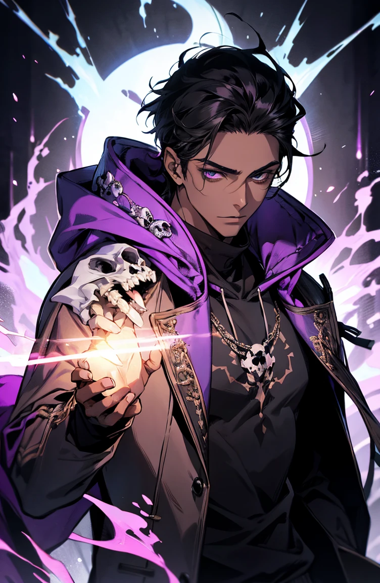 male with bones, looking away from camera, skulls, bones, handsome, black, dark skin, tall, broad shoulders, black hair, purple, purple fire, magic, detailed face, fantasy, hoodie