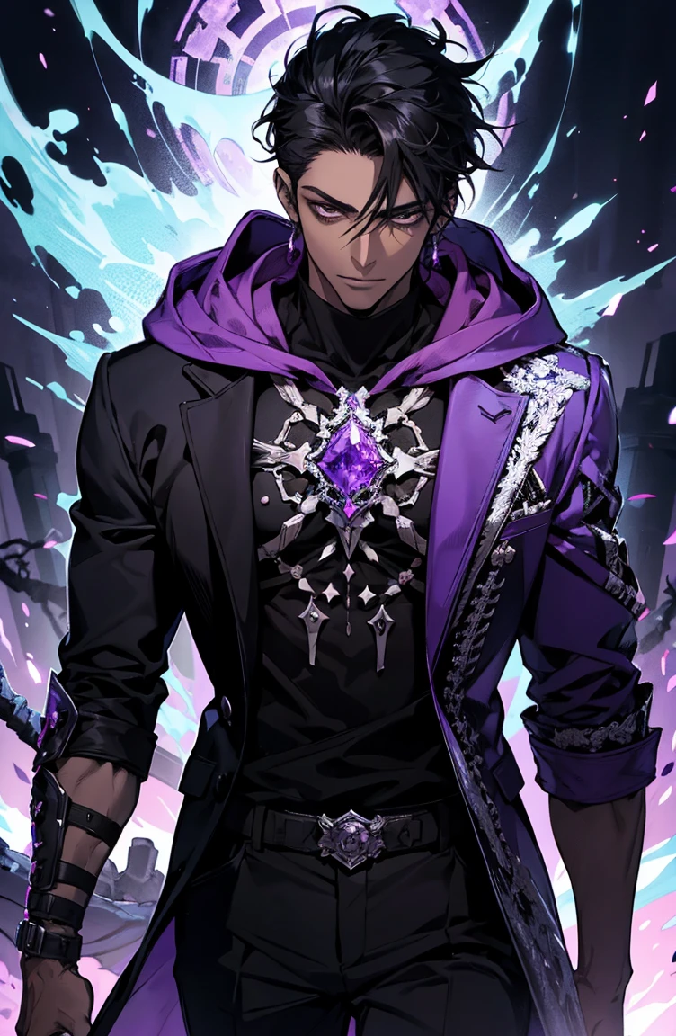 male with bones, looking away from camera, skulls, bones, handsome, black, dark skin, tall, broad shoulders, black hair, purple, purple fire, magic, detailed face, fantasy, hoodie
