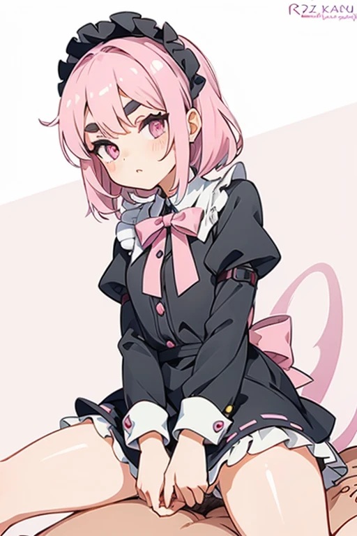 Girl with pink hair, long double-tailed hairstyle, ((small pink bushy eyebrows)), dressed in ta clothing, marked vagina, loli(Zankuro) drawing style by zankuro artist, Zancro style, image uploaded to R34, sitting on a penis, sitting on a man's crotch, (reverse cowgirl position),