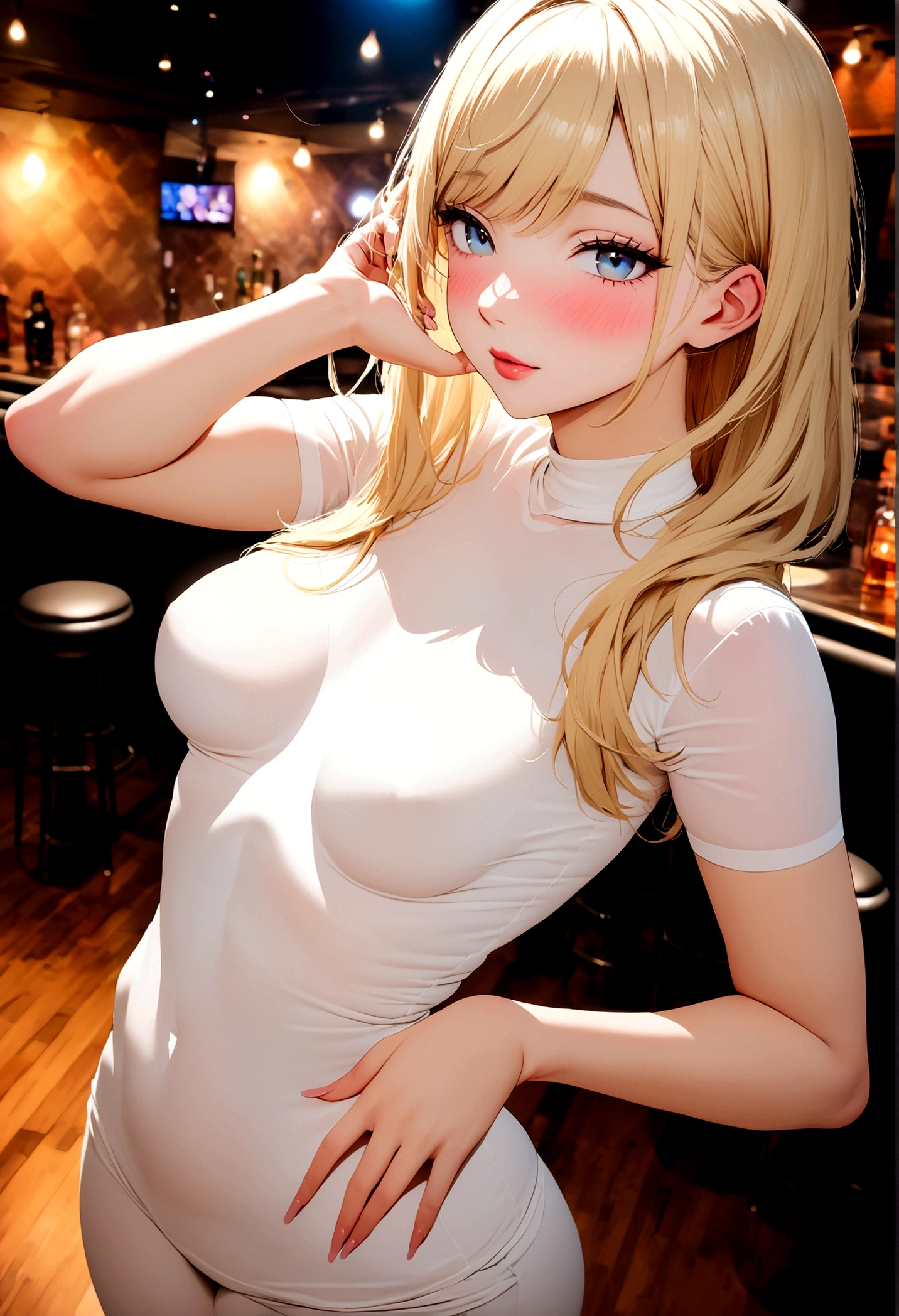 professional, (4k photo:1.1), (Sharp focus:1.3), high detail, wearing (tight shirt:1.2), beautiful detailed face, gorgeous eyes, long blonde hair, (attractive young woman:1.3), (:1.1), (blushing:1.1), hourglass body shape, perfect hands, Small natural breasts, wide hips, night club background
